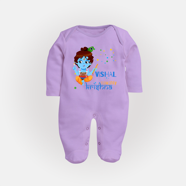 Naughty Krishna Sleep Suit | Custom Baby Sleep Suit for Krishna Enthusiasts - LILAC - New Born (Chest 7.5")