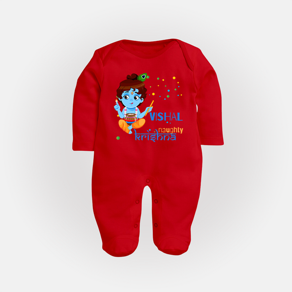 Naughty Krishna Sleep Suit | Custom Baby Sleep Suit for Krishna Enthusiasts - RED - New Born (Chest 7.5")