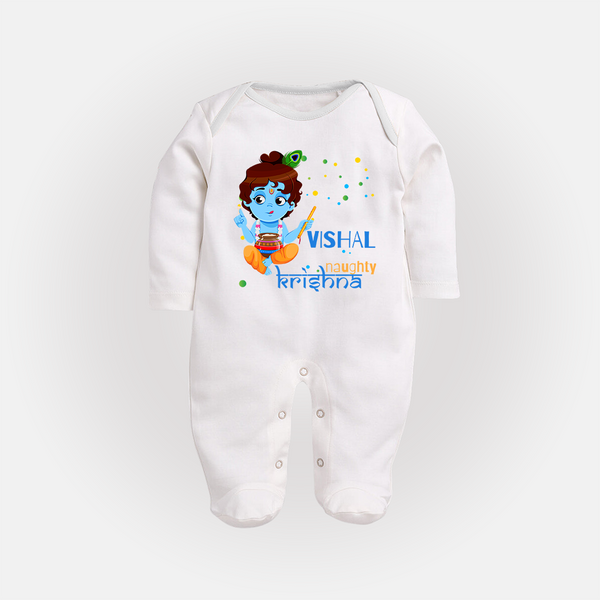 Naughty Krishna Sleep Suit | Custom Baby Sleep Suit for Krishna Enthusiasts - WHITE - New Born (Chest 7.5")