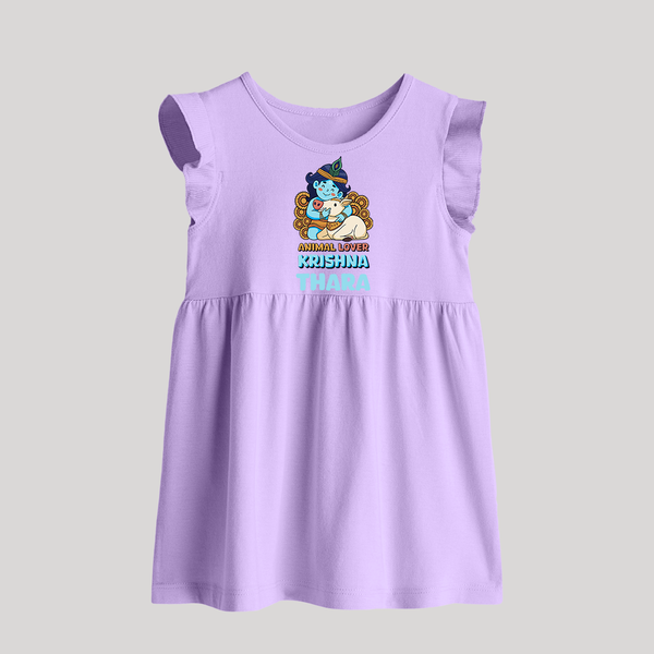 Animal Lover Krishna Baby Frock | Personalized Baby Frock for Krishna Fans - LILAC - 0 - 3 Months Old (Chest 17")