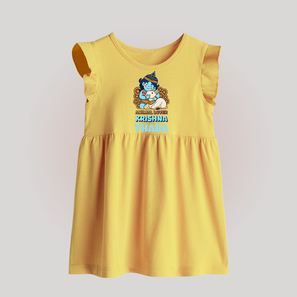 Animal Lover Krishna Baby Frock | Personalized Baby Frock for Krishna Fans - PASTEL YELLOW - 0 - 3 Months Old (Chest 17")