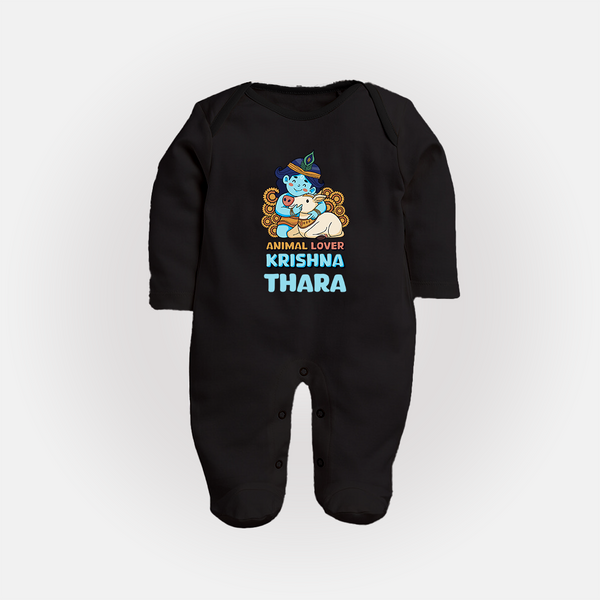 Animal Lover Krishna Sleep Suit | Personalized Baby Sleep Suit for Krishna Fans - BLACK - New Born (Chest 7.5")