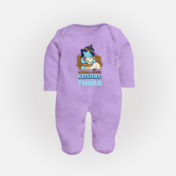Animal Lover Krishna Sleep Suit | Personalized Baby Sleep Suit for Krishna Fans - LILAC - New Born (Chest 7.5")