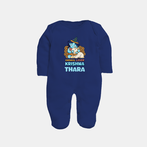 Animal Lover Krishna Sleep Suit | Personalized Baby Sleep Suit for Krishna Fans - NAVY BLUE - New Born (Chest 7.5")