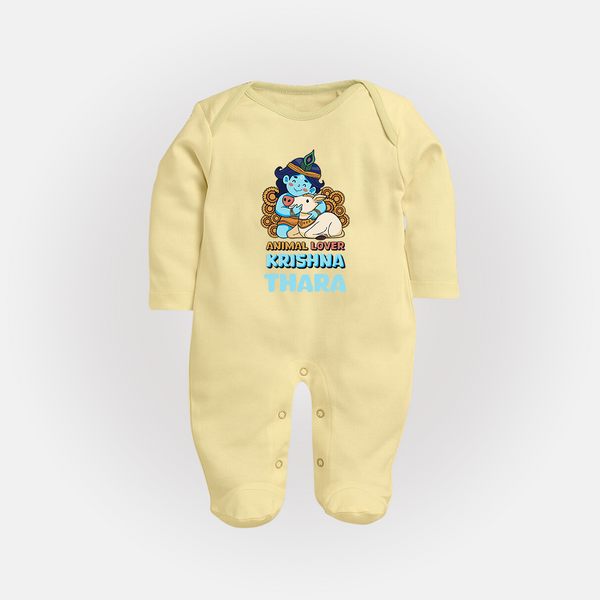 Animal Lover Krishna Sleep Suit | Personalized Baby Sleep Suit for Krishna Fans - PASTEL YELLOW - New Born (Chest 7.5")