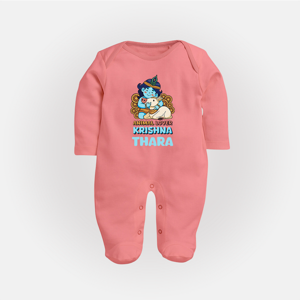 Animal Lover Krishna Sleep Suit | Personalized Baby Sleep Suit for Krishna Fans - PEACH - New Born (Chest 7.5")