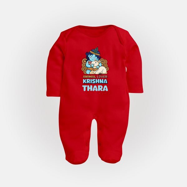 Animal Lover Krishna Sleep Suit | Personalized Baby Sleep Suit for Krishna Fans - RED - New Born (Chest 7.5")