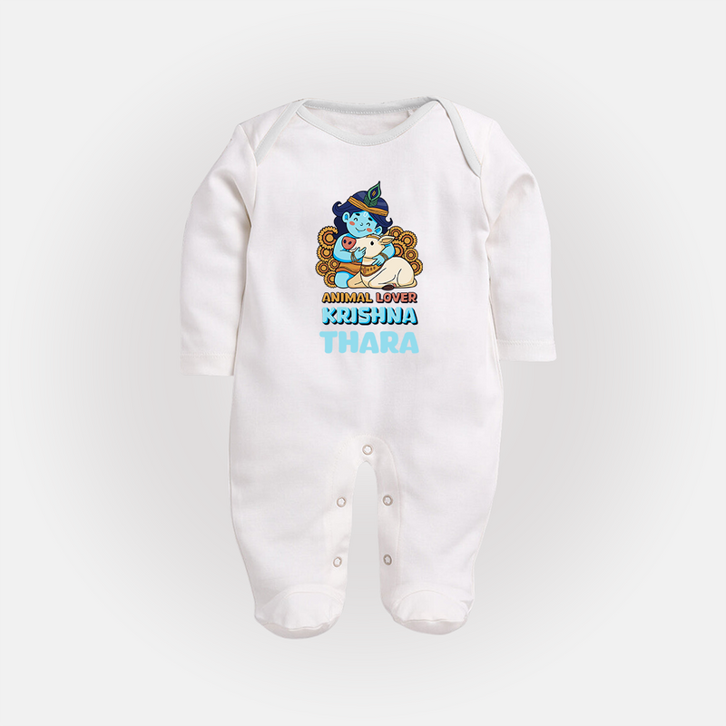 Animal Lover Krishna Sleep Suit | Personalized Baby Sleep Suit for Krishna Fans - WHITE - New Born (Chest 7.5")