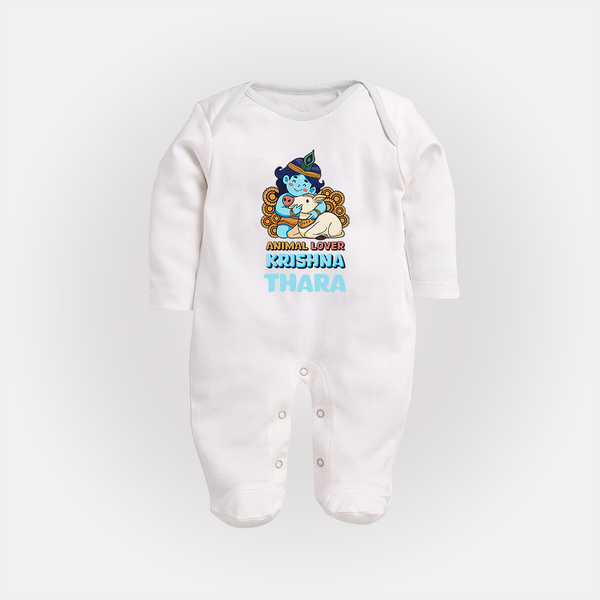 Animal Lover Krishna Sleep Suit | Personalized Baby Sleep Suit for Krishna Fans - WHITE - New Born (Chest 7.5")
