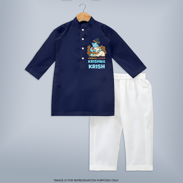 Animal Lover Krishna Kurta Set | Personalized Baby Kurta Set for Krishna Fans - NAVY BLUE - 3 - 6 Months Old (Chest 24", Kurta Length 14'', Waist 19", Pant Length 14")
