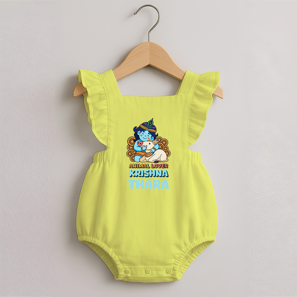 Animal Lover Krishna Romper Frock | Personalized Baby Romper Frock for Krishna Fans - PASTEL YELLOW - 0 - 3 Months Old (Chest 19")