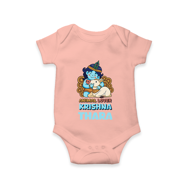 Animal Lover Krishna Romper | Personalized Baby Romper for Krishna Fans - PEACH - New Born (Chest 14")