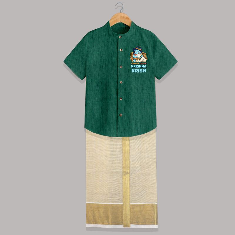 Animal Lover Krishna Shirt And Dhoti | Personalized Baby Shirt And Dhoti for Krishna Fans - DARK GREEN - 0 - 6 Months Old (Chest-23") (Dhoti length-14")