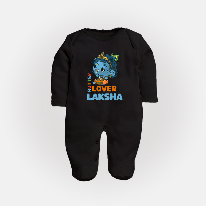 Butter Lover Sleep Suit | Personalized Baby Sleep Suit for Krishna Celebrations - BLACK - New Born (Chest 7.5")