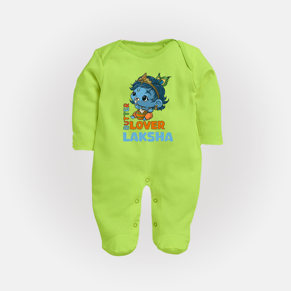 Butter Lover Sleep Suit | Personalized Baby Sleep Suit for Krishna Celebrations - LIME GREEN - New Born (Chest 7.5")