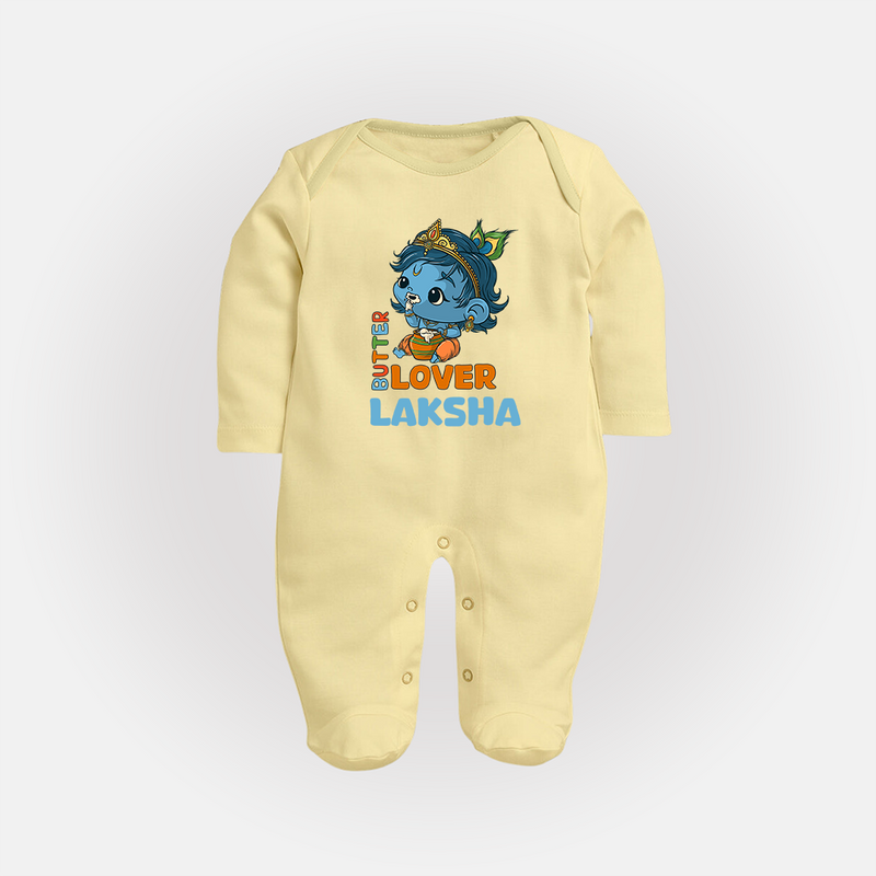 Butter Lover Sleep Suit | Personalized Baby Sleep Suit for Krishna Celebrations - PASTEL YELLOW - New Born (Chest 7.5")