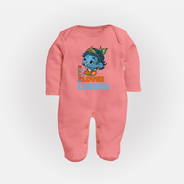 Butter Lover Sleep Suit | Personalized Baby Sleep Suit for Krishna Celebrations - PEACH - New Born (Chest 7.5")