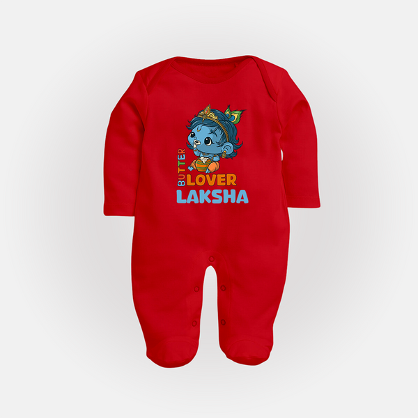 Butter Lover Sleep Suit | Personalized Baby Sleep Suit for Krishna Celebrations - RED - New Born (Chest 7.5")