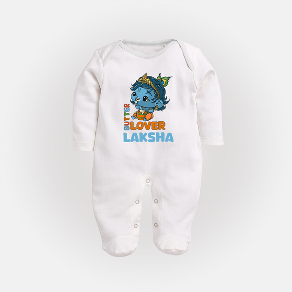Butter Lover Sleep Suit | Personalized Baby Sleep Suit for Krishna Celebrations - WHITE - New Born (Chest 7.5")