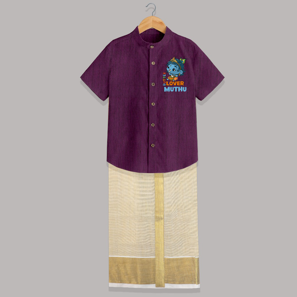 Butter Lover Shirt And Dhoti | Personalized Baby Shirt And Dhoti for Krishna Celebrations - GRAPE - 0 - 6 Months Old (Chest-23") (Dhoti length-14")