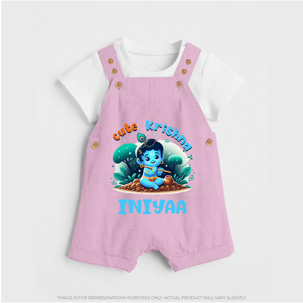 Cute Krishna Dungaree Set | Custom Baby Dungaree Set for Krishna Fans - BABY PINK - 0 - 5 Months Old (Chest 18")
