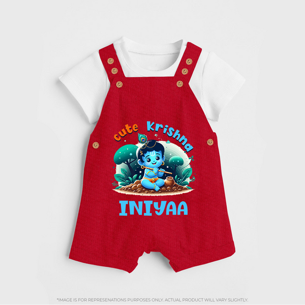 Cute Krishna Dungaree Set | Custom Baby Dungaree Set for Krishna Fans - RED - 0 - 5 Months Old (Chest 18")