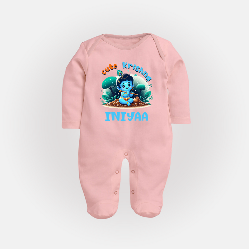 Cute Krishna Sleep Suit | Custom Baby Sleep Suit for Krishna Fans - BABY PINK - New Born (Chest 7.5")