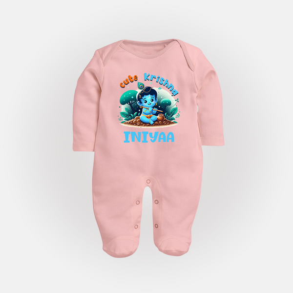 Cute Krishna Sleep Suit | Custom Baby Sleep Suit for Krishna Fans - BABY PINK - New Born (Chest 7.5")