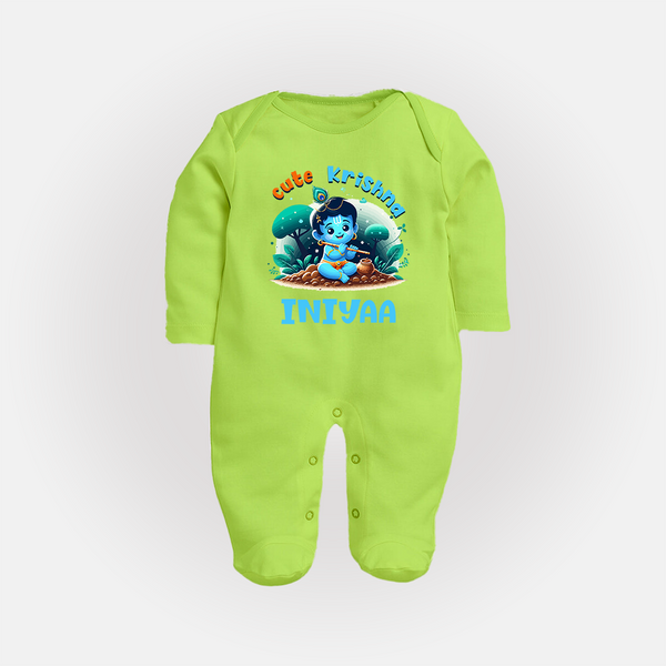 Cute Krishna Sleep Suit | Custom Baby Sleep Suit for Krishna Fans - LIME GREEN - New Born (Chest 7.5")