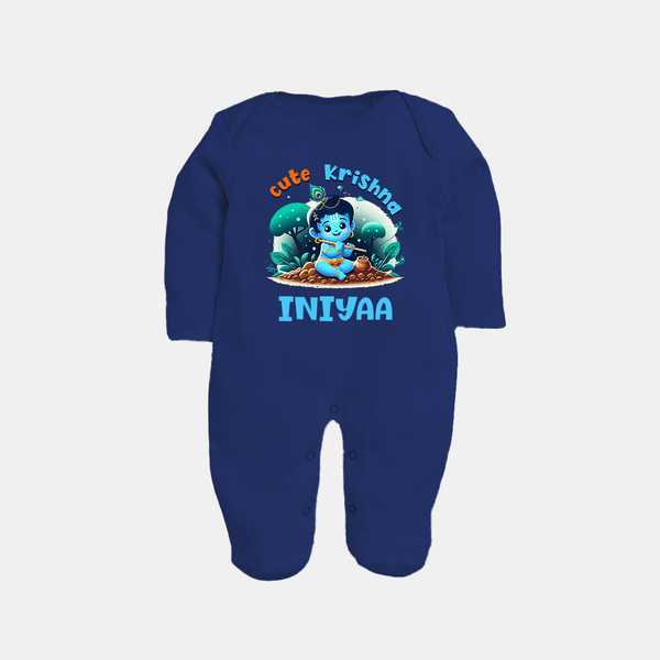 Cute Krishna Sleep Suit | Custom Baby Sleep Suit for Krishna Fans - NAVY BLUE - New Born (Chest 7.5")