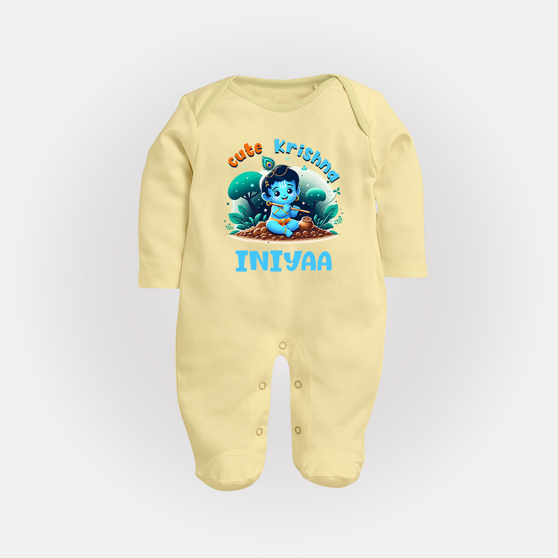 Cute Krishna Sleep Suit | Custom Baby Sleep Suit for Krishna Fans - PASTEL YELLOW - New Born (Chest 7.5")