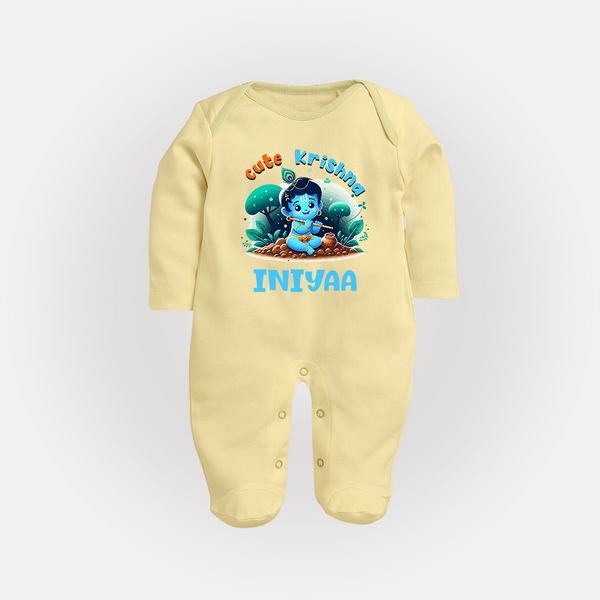 Cute Krishna Sleep Suit | Custom Baby Sleep Suit for Krishna Fans - PASTEL YELLOW - New Born (Chest 7.5")