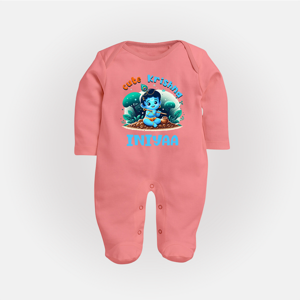 Cute Krishna Sleep Suit | Custom Baby Sleep Suit for Krishna Fans - PEACH - New Born (Chest 7.5")