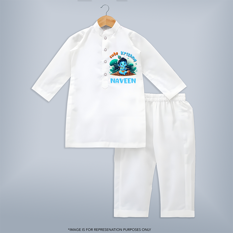 Cute Krishna Kurta Set | Custom Baby Kurta Set for Krishna Fans - WHITE - 3 - 6 Months Old (Chest 24", Kurta Length 14'', Waist 19", Pant Length 14")