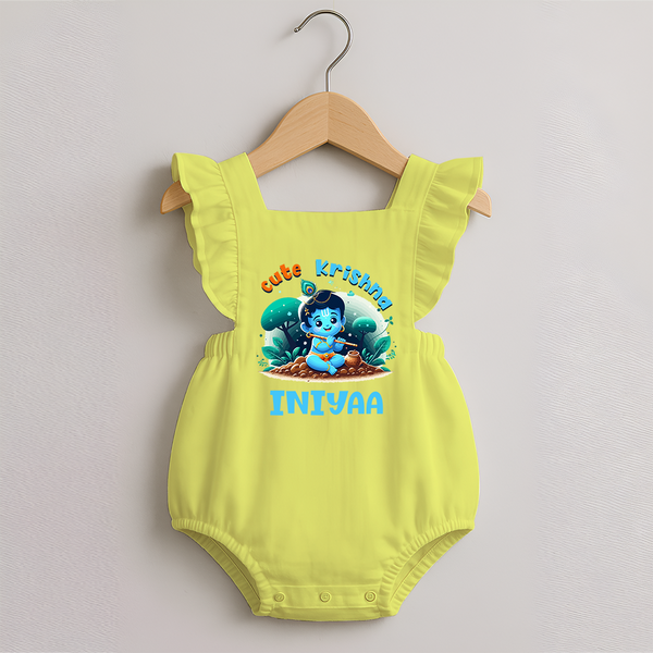 Cute Krishna Romper Frock | Custom Baby Romper Frock for Krishna Fans - PASTEL YELLOW - 0 - 3 Months Old (Chest 19")
