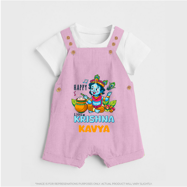 Happy Little Krishna Dungaree Set | Custom Baby Dungaree Set for Krishna - BABY PINK - 0 - 5 Months Old (Chest 18")