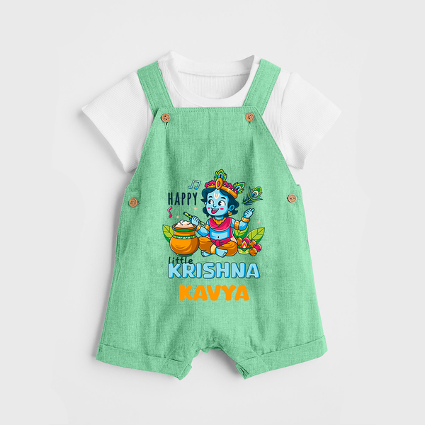 Happy Little Krishna Dungaree Set | Custom Baby Dungaree Set for Krishna - GREEN - 0 - 5 Months Old (Chest 18")