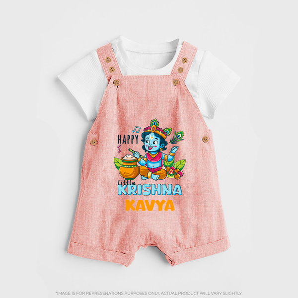 Happy Little Krishna Dungaree Set | Custom Baby Dungaree Set for Krishna - PEACH - 0 - 5 Months Old (Chest 18")