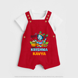 Happy Little Krishna Dungaree Set | Custom Baby Dungaree Set for Krishna - RED - 0 - 5 Months Old (Chest 18")
