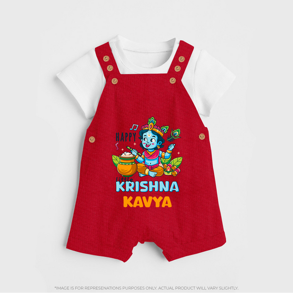 Happy Little Krishna Dungaree Set | Custom Baby Dungaree Set for Krishna - RED - 0 - 5 Months Old (Chest 18")