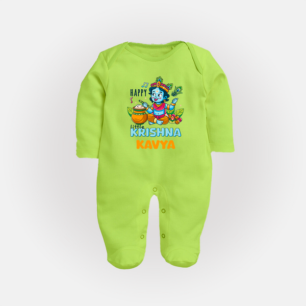 Happy Little Krishna Sleep Suit | Custom Baby Sleep Suit for Krishna - LIME GREEN - New Born (Chest 7.5")