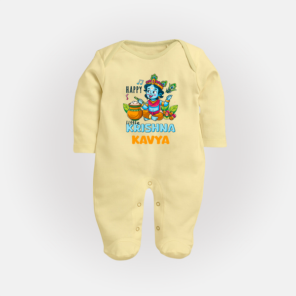 Happy Little Krishna Sleep Suit | Custom Baby Sleep Suit for Krishna - PASTEL YELLOW - New Born (Chest 7.5")