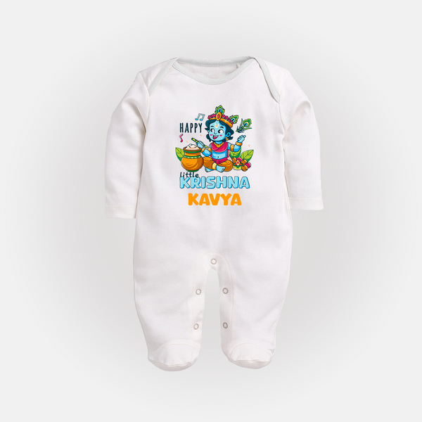 Happy Little Krishna Sleep Suit | Custom Baby Sleep Suit for Krishna - WHITE - New Born (Chest 7.5")