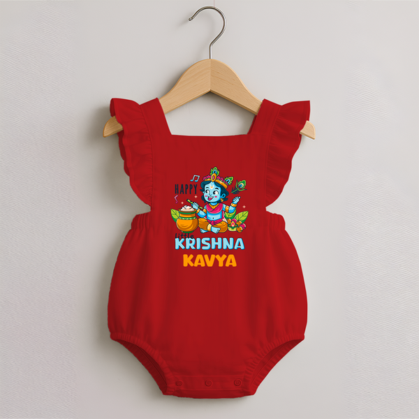 Happy Little Krishna Romper Frock | Custom Baby Romper Frock for Krishna - RED - 0 - 3 Months Old (Chest 19")