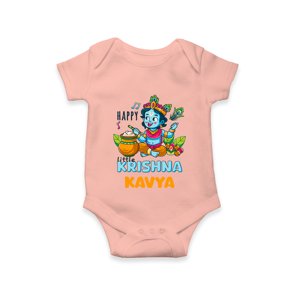 Happy Little Krishna Romper | Custom Baby Romper for Krishna - PEACH - New Born (Chest 14")