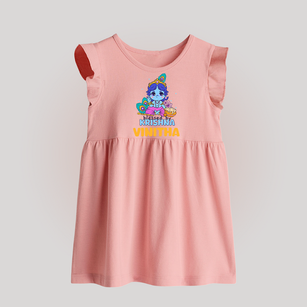 Blessed By Krishna Baby Frock | Personalized Baby Frock for Krishna Lovers - BABY PINK - 0 - 3 Months Old (Chest 17")