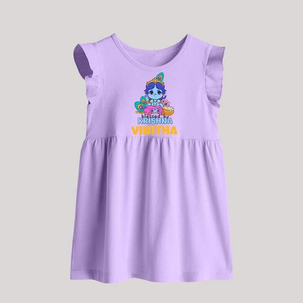 Blessed By Krishna Baby Frock | Personalized Baby Frock for Krishna Lovers - LILAC - 0 - 3 Months Old (Chest 17")