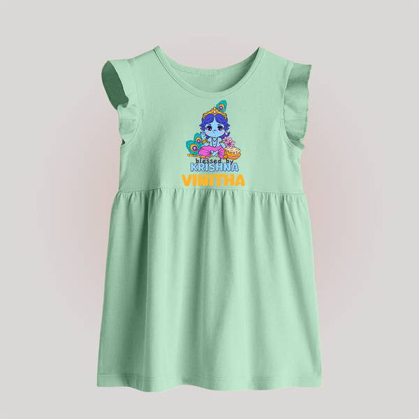 Blessed By Krishna Baby Frock | Personalized Baby Frock for Krishna Lovers - MINT GREEN - 0 - 3 Months Old (Chest 17")