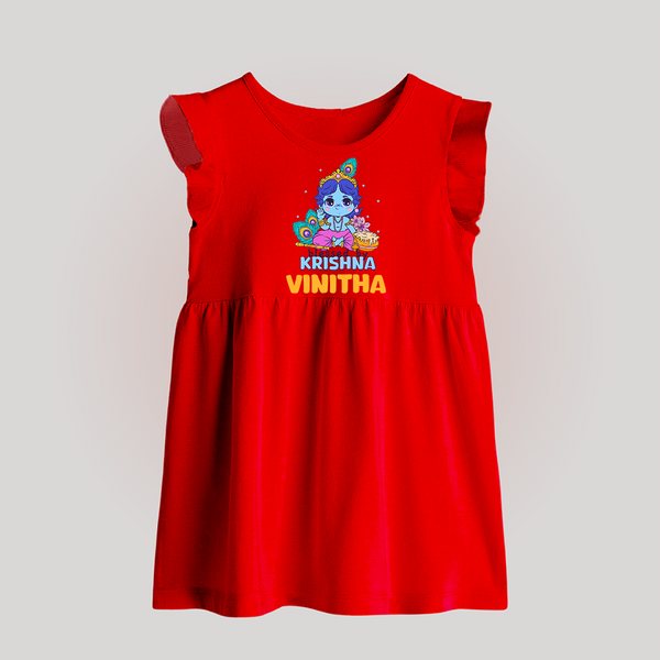 Blessed By Krishna Baby Frock | Personalized Baby Frock for Krishna Lovers - RED - 0 - 3 Months Old (Chest 17")