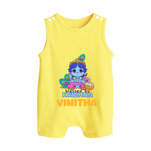 Blessed By Krishna Romper Suit | Personalized Baby Romper Suit for Krishna Lovers - PASTEL YELLOW - 0 - 5 Months Old (Chest 18")